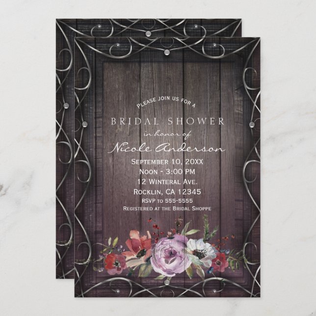 Rustic Glamour Barn Wood Flourish & Floral Bridal Invitation (Front/Back)
