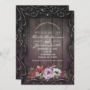 Rustic Glamour Barn Wood Flourish & Floral Wedding Invitation