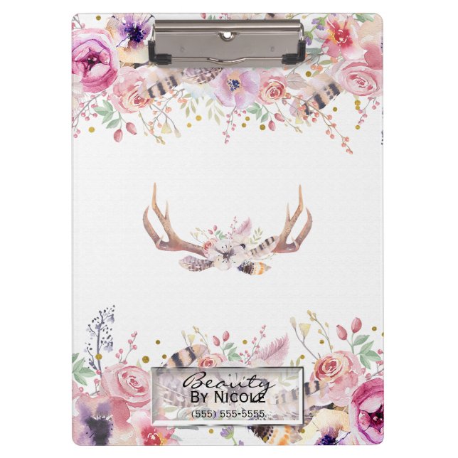 Rustic Glamour Boho Antlers Floral Personalised Clipboard (Front)