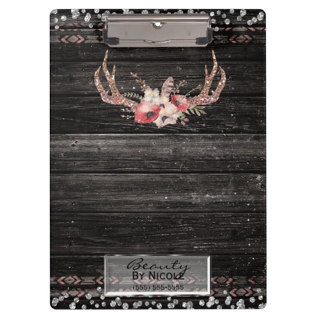Rustic Glamour Boho Antlers Skull Personalised Clipboard (Front)