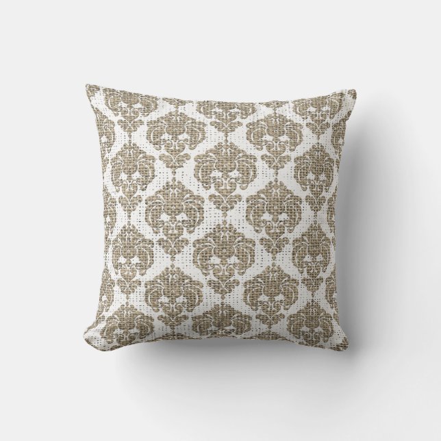 Rustic Glamour Burlap Royal Damask Chic Modern Cushion (Front)