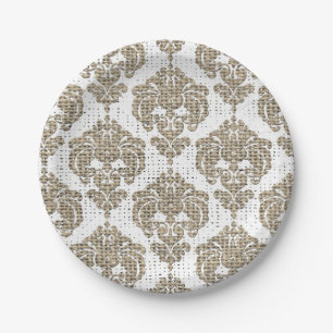 Rustic Glamour Burlap Royal Damask Chic Modern Paper Plate