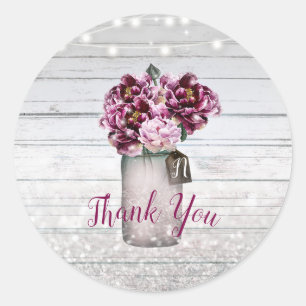 Rustic Glamour Wood & Burgundy Mason Jar Flowers Classic Round Sticker