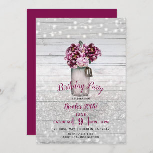 Rustic Glamour Wood & Burgundy Mason Jar Flowers Invitation