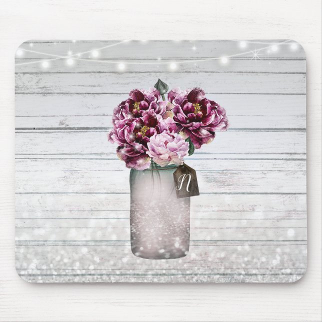 Rustic Glamour Wood & Burgundy Mason Jar Flowers Mouse Pad (Front)