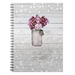 Rustic Glamour Wood & Burgundy Mason Jar Flowers Spiral Notebook