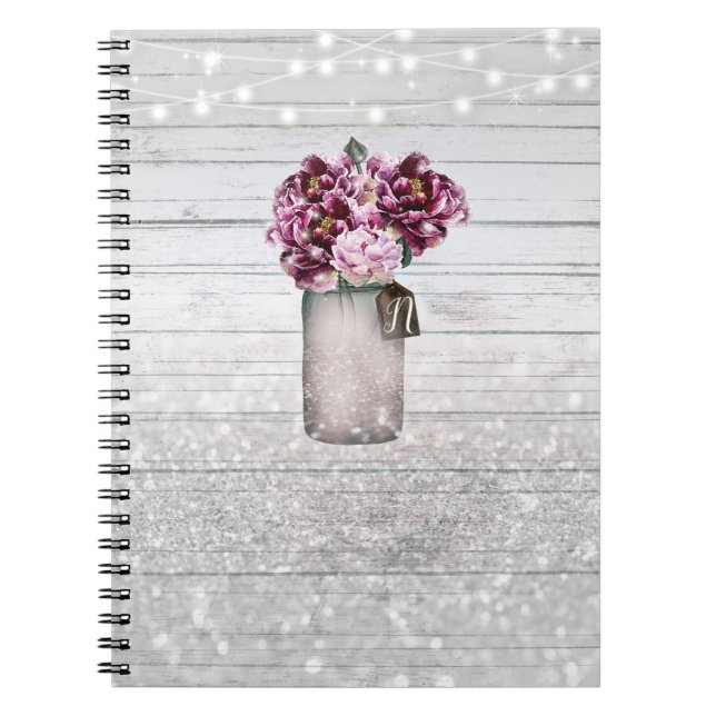 Rustic Glamour Wood & Burgundy Mason Jar Flowers Spiral Notebook (Front)