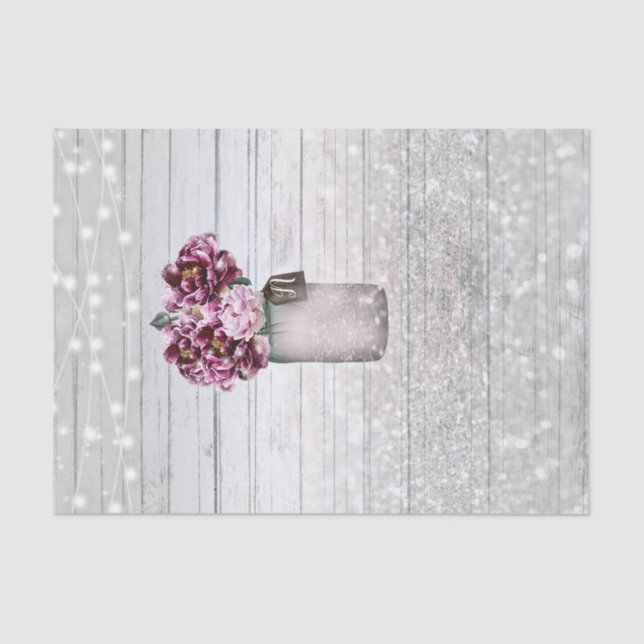 Rustic Glamour Wood & Burgundy Mason Jar Flowers Tissue Paper (Front)