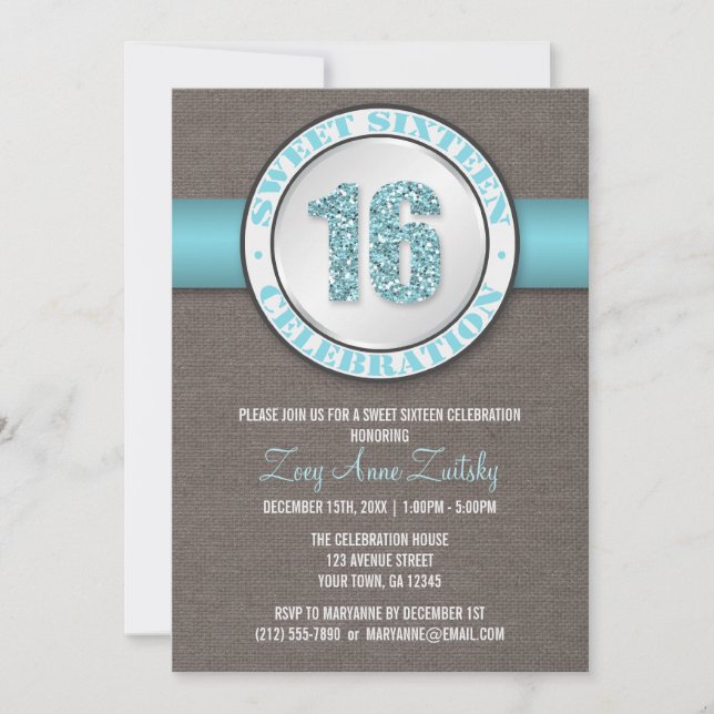 Rustic Glitter Aqua Blue Sweet 16 Invitations (Front)