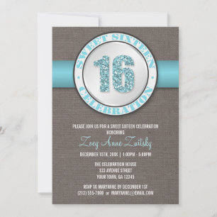 Rustic Glitter Aqua Blue Sweet 16 Invitations