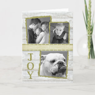 Rustic Glitter JOY holiday - custom 3 photos Card