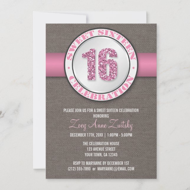 Rustic Glitter Pink Sweet 16 Invitations (Front)