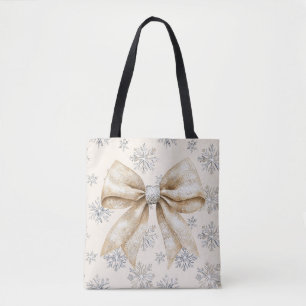 Rustic Glitzy Cream Bows Christmas Tote Bag
