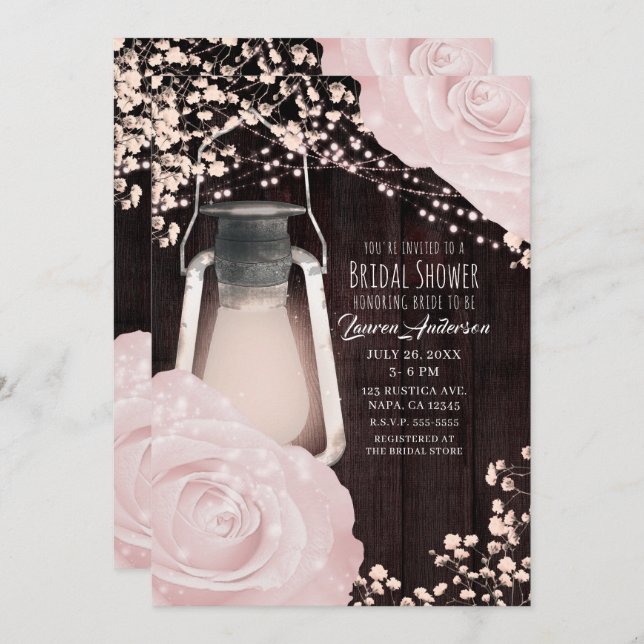Rustic Glow Lantern Baby Pink Roses Bridal Shower Invitation (Front/Back)