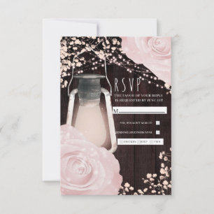 Rustic Glow Lantern Baby Pink Roses Wedding RSVP Card