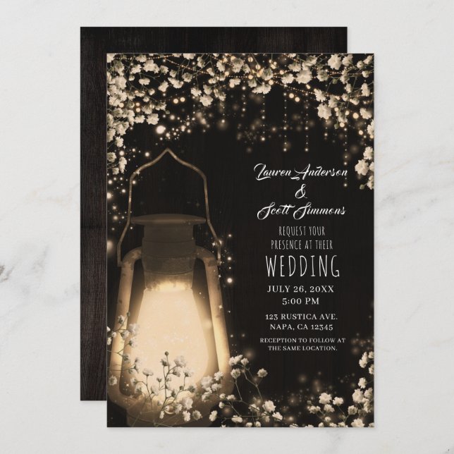 Rustic Glow Lantern & Baby's Breath Floral Wedding Invitation (Front/Back)