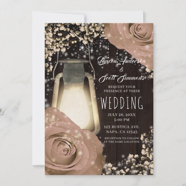 Rustic Glow Lantern Beige Roses Barn Wedding Invitation (Front)