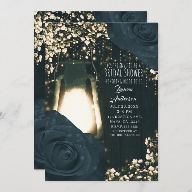 Rustic Glow Lantern Blue Black Roses Bridal Shower Invitation (Front/Back)