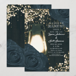 Rustic Glow Lantern Blue Black Roses Engagement Invitation