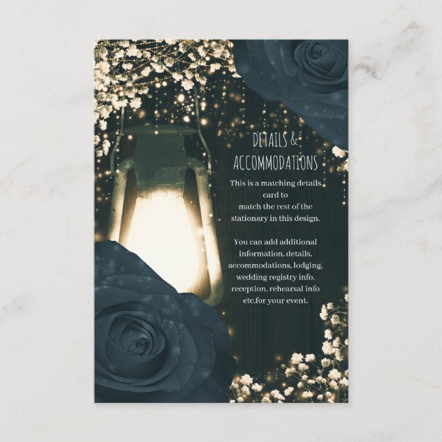 Rustic Glow Lantern Blue Black Roses Wedding Enclosure Card (Front)
