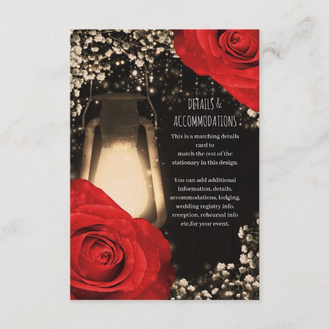 Rustic Glow Lantern Bright Red Roses Wedding Enclosure Card (Front)