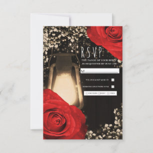 Rustic Glow Lantern Bright Red Roses Wedding RSVP Card