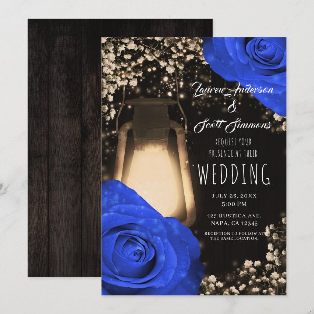 Rustic Glow Lantern & Cobalt Blue Roses Wedding Invitation (Front/Back)