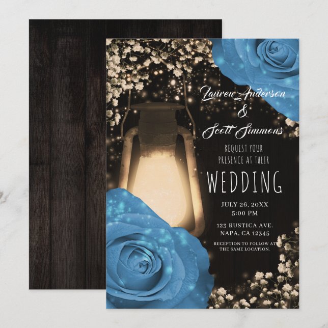 Rustic Glow Lantern Cornflower Blue Roses Wedding  Invitation (Front/Back)