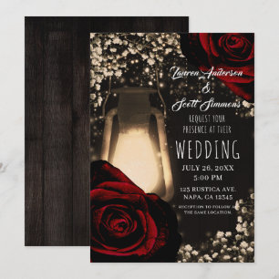 Rustic Glow Lantern & Dark Red Roses Glam Wedding Invitation