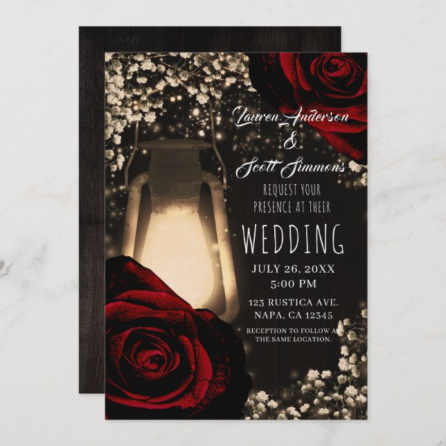Rustic Glow Lantern & Dark Red Roses Glam Wedding Invitation (Front/Back)