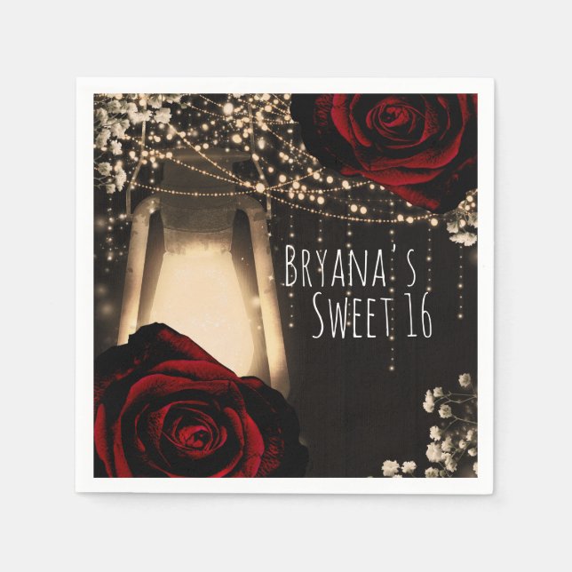 Rustic Glow Lantern Dark Red Roses Sweet 16 Glam Napkin (Front)