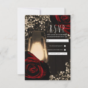 Rustic Glow Lantern & Dark Red Roses Wedding RSVP Card