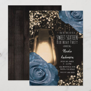 Rustic Glow Lantern Dusty Blue Roses Sweet 16 Invitation