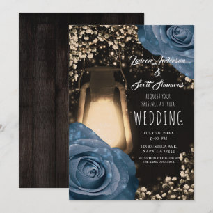 Rustic Glow Lantern Dusty Blue Roses Wedding Invitation
