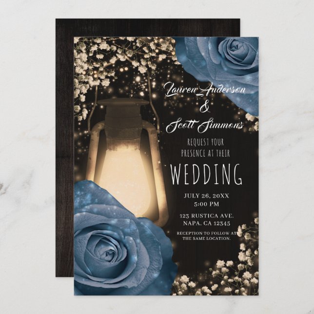 Rustic Glow Lantern Dusty Blue Roses Wedding Invitation (Front/Back)
