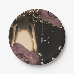 Rustic Glow Lantern Dusty Pink Mauve Roses Paper Plate