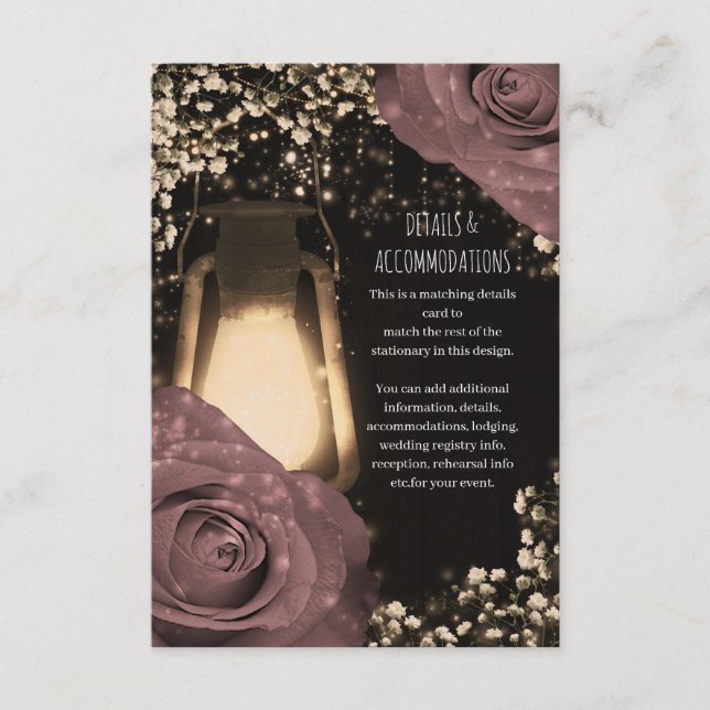 Rustic Glow Lantern Dusty Pink Roses Wedding Enclosure Card (Front)