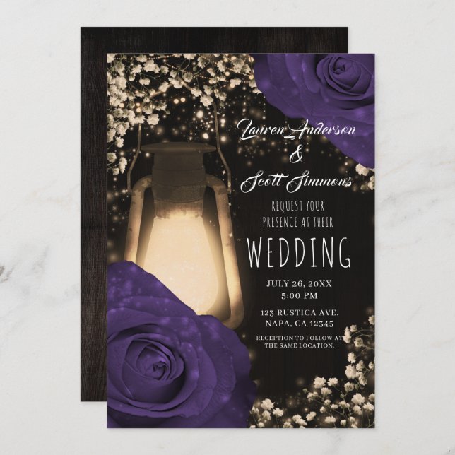 Rustic Glow Lantern Eggplant Colour Roses Wedding  Invitation (Front/Back)