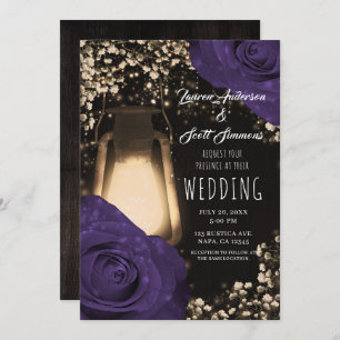 Rustic Glow Lantern Eggplant Colour Roses Wedding Invitation