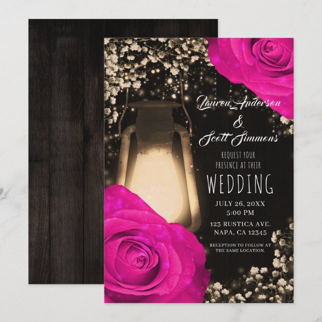 Rustic Glow Lantern & Fuchsia Hot Pink Wedding Invitation (Front/Back)