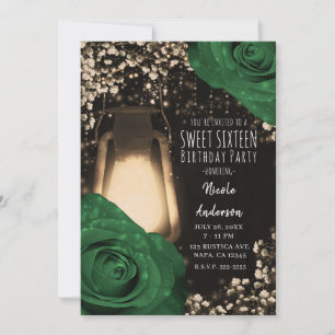 Rustic Glow Lantern Garden Green Roses Sweet 16 Invitation