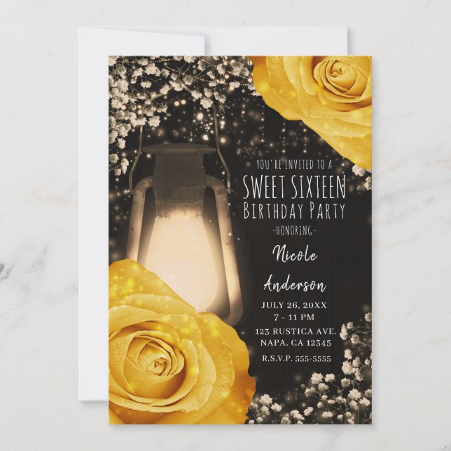 Rustic Glow Lantern Golden Yellow Roses Sweet 16 Invitation (Front)