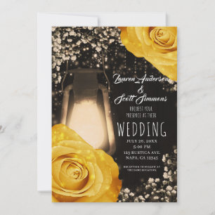 Rustic Glow Lantern Golden Yellow Roses Wedding Invitation
