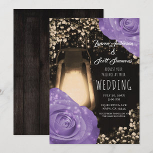 Rustic Glow Lantern Lavender Purple Roses Wedding  Invitation