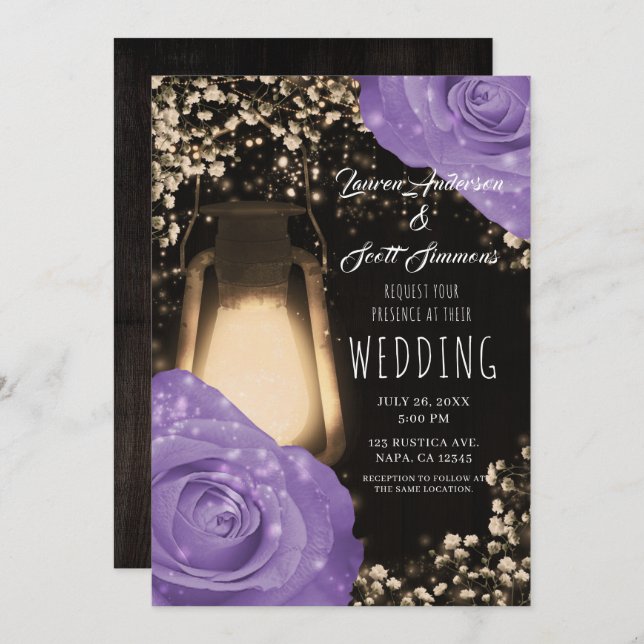 Rustic Glow Lantern Lavender Purple Roses Wedding  Invitation (Front/Back)