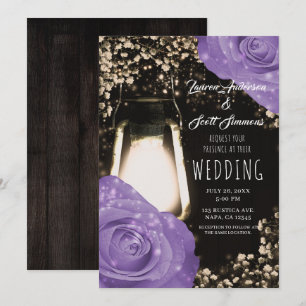 Rustic Glow Lantern Lavender Purple Roses Wedding Invitation