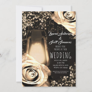Rustic Glow Lantern Light Gold Roses Wedding Inv Invitation