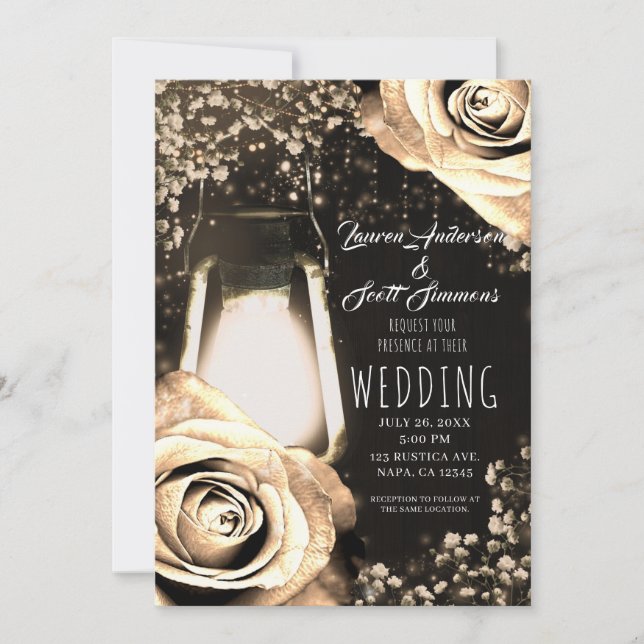 Rustic Glow Lantern Light Gold Roses Wedding   Invitation (Front)