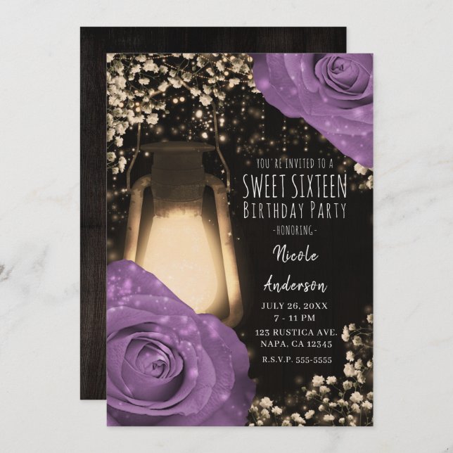 Rustic Glow Lantern Lilac Purple Roses Sweet 16 Invitation (Front/Back)