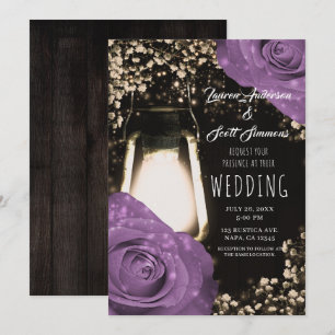 Rustic Glow Lantern Lilac Purple Roses Wedding  In Invitation